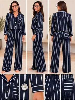 Diane & Co. Navy Striped Palazzo Pajama Set Medium NWT